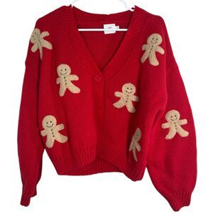 Luna Ivy Womens Red Gingerbread Cardigan Sz M Holiday Christmas Chunky Oversized